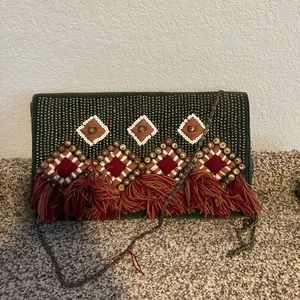 Handmade olive green/red/brown crossbody bag